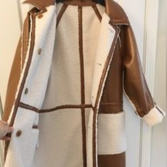 2 in 1 Reversible Coat: Brown Leather and Off-White Sherpa / Teddy - Picture 7 of 13